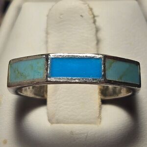 Southwestern inlaid vintage sterling silver ring sz 7.5